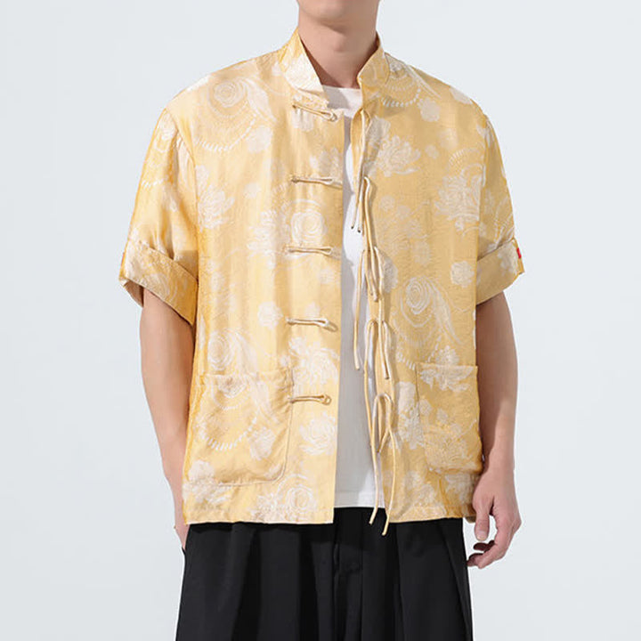 Buddha Stones Camicia da uomo a maniche corte con colletto alla coreana, stampa jacquard floreale, stile Summer Tang, con tasche. - image 15