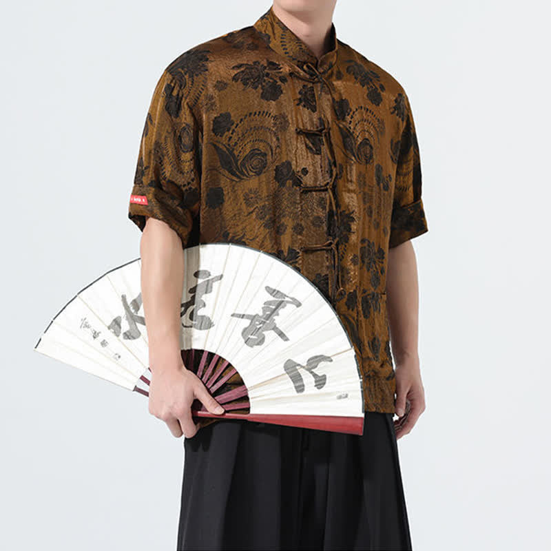 Buddha Stones Camicia da uomo a maniche corte con colletto alla coreana, stampa jacquard floreale, stile Summer Tang, con tasche. - image 30