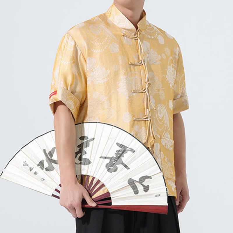 Buddha Stones Camicia da uomo a maniche corte con colletto alla coreana, stampa jacquard floreale, stile Summer Tang, con tasche. - image 21