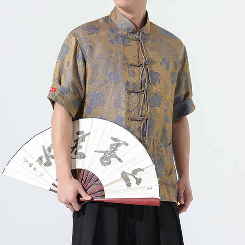 Buddha Stones Camicia da uomo a maniche corte con colletto alla coreana, stampa jacquard floreale, stile Summer Tang, con tasche. - image 8