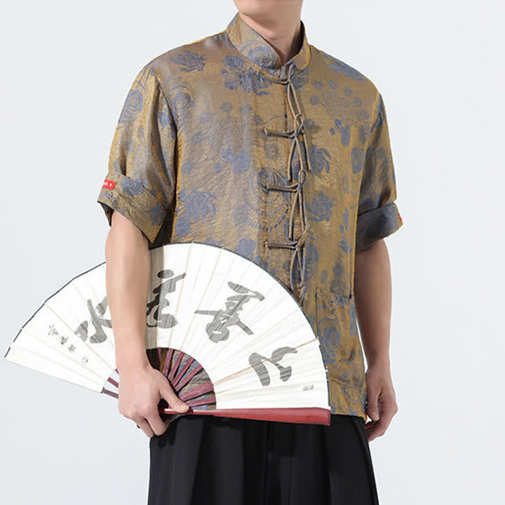 Buddha Stones Camicia da uomo a maniche corte con colletto alla coreana, stampa jacquard floreale, stile Summer Tang, con tasche. - image 8