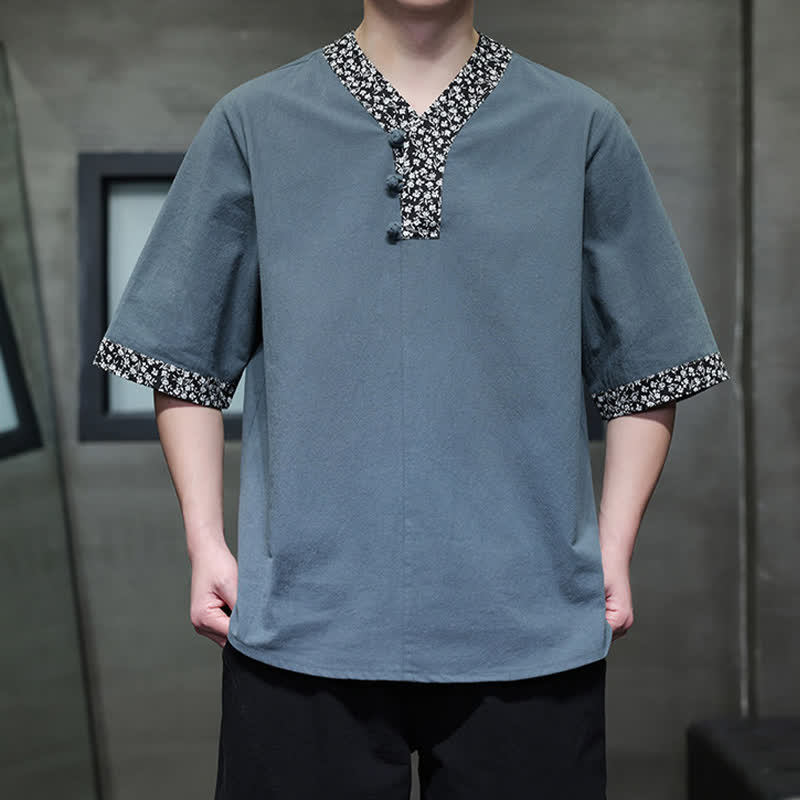 Buddha Stones Camicia da uomo estiva casual a maniche corte in cotone con colletto alla coreana e bottoni a rana. - image 16