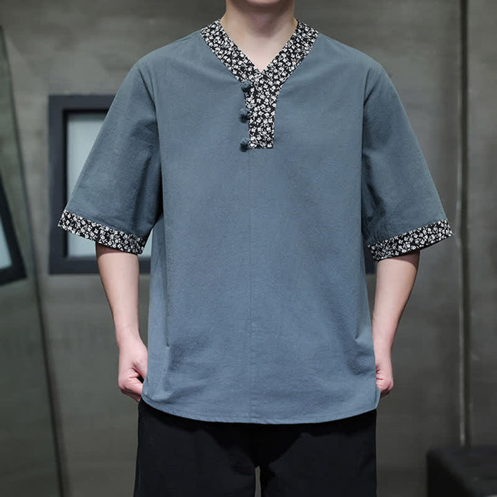 Buddha Stones Camicia da uomo estiva casual a maniche corte in cotone con colletto alla coreana e bottoni a rana. - image 16