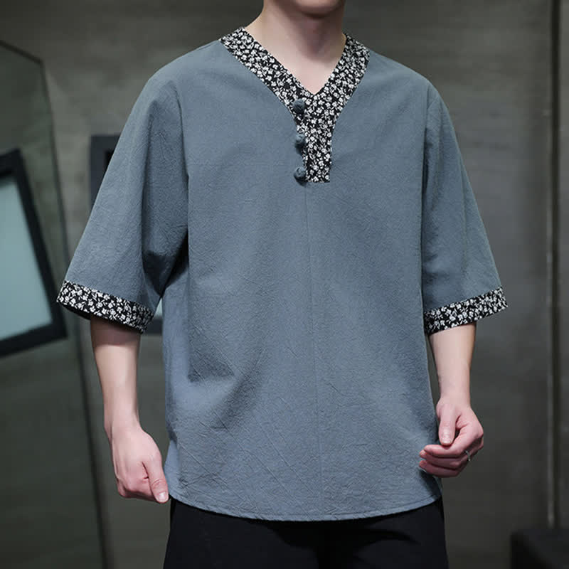 Buddha Stones Camicia da uomo estiva casual a maniche corte in cotone con colletto alla coreana e bottoni a rana. - image 17