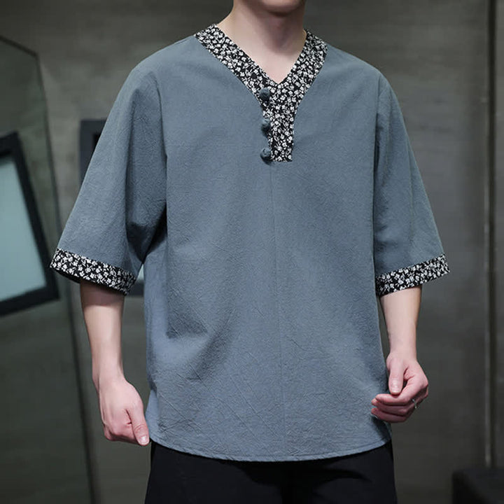 Buddha Stones Camicia da uomo estiva casual a maniche corte in cotone con colletto alla coreana e bottoni a rana. - image 17