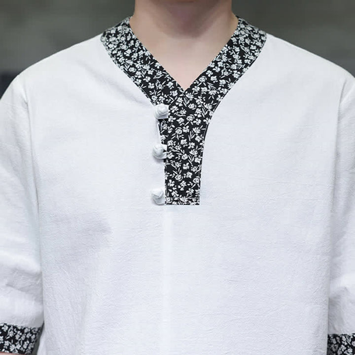 Buddha Stones Camicia da uomo estiva casual a maniche corte in cotone con colletto alla coreana e bottoni a rana. - image 8