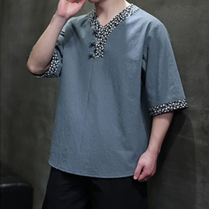 Buddha Stones Camicia da uomo estiva casual a maniche corte in cotone con colletto alla coreana e bottoni a rana. - image 14
