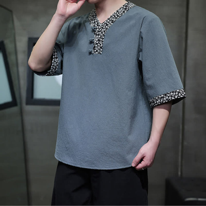 Buddha Stones Camicia da uomo estiva casual a maniche corte in cotone con colletto alla coreana e bottoni a rana. - Cadetto Blu - US/UK/AU46, EU56 (5XL) - image 11
