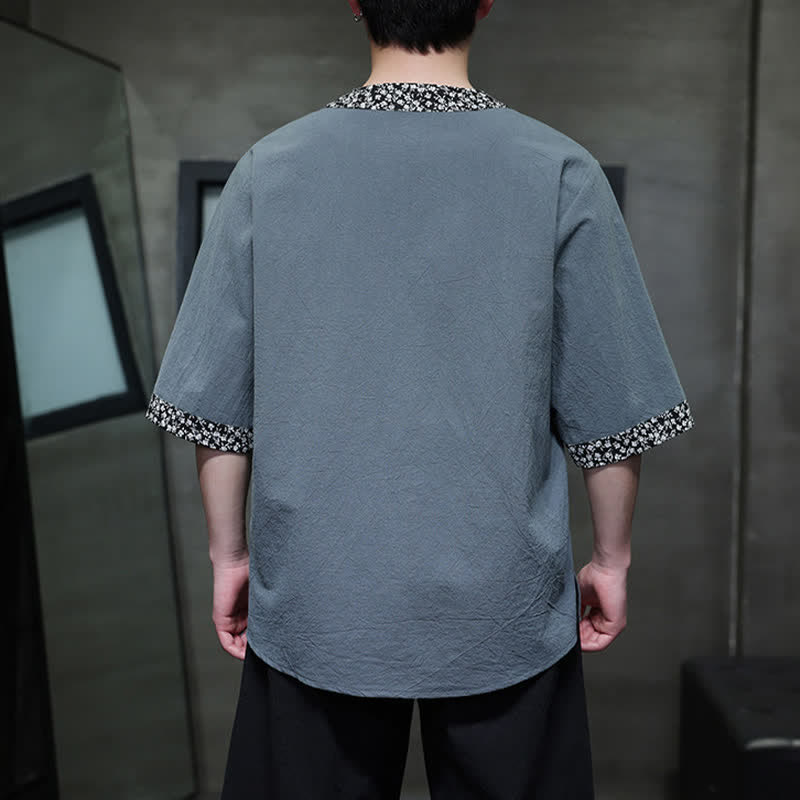 Buddha Stones Camicia da uomo estiva casual a maniche corte in cotone con colletto alla coreana e bottoni a rana. - image 12
