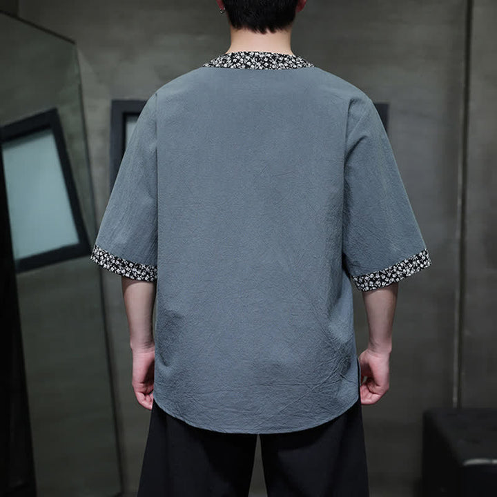 Buddha Stones Camicia da uomo estiva casual a maniche corte in cotone con colletto alla coreana e bottoni a rana. - image 12