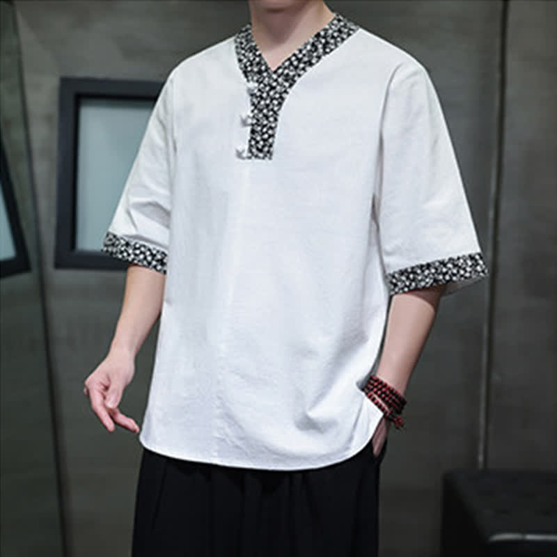 Buddha Stones Camicia da uomo estiva casual a maniche corte in cotone con colletto alla coreana e bottoni a rana. - image 3