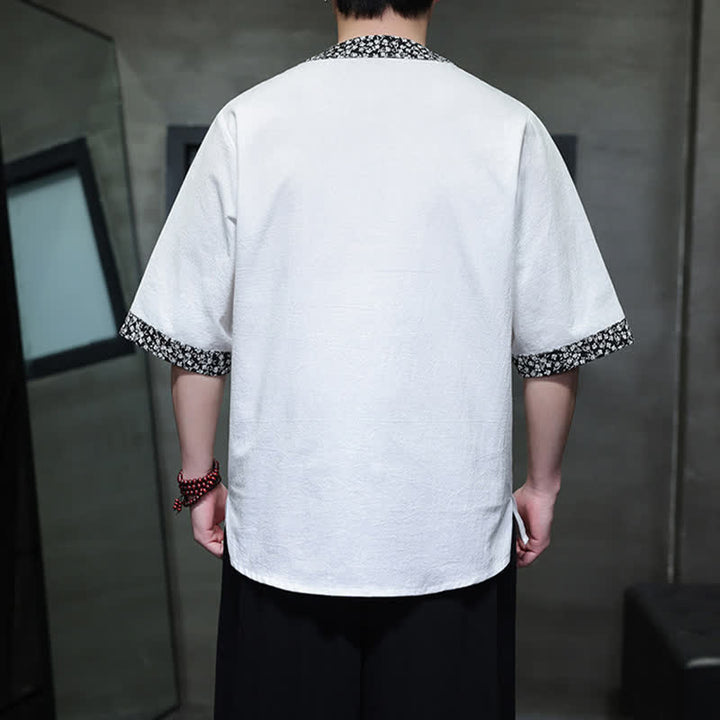 Buddha Stones Camicia da uomo estiva casual a maniche corte in cotone con colletto alla coreana e bottoni a rana. - image 1