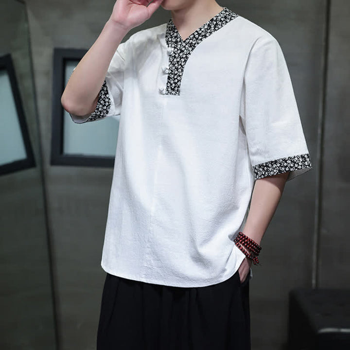 Buddha Stones Camicia da uomo estiva casual a maniche corte in cotone con colletto alla coreana e bottoni a rana. - Bianco - US/UK/AU46, EU56 (5XL) - image 0