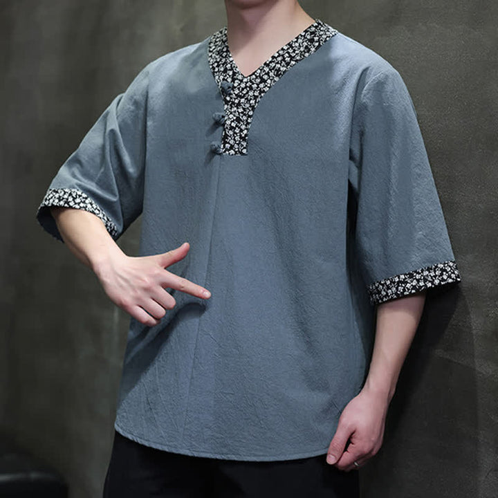 Buddha Stones Camicia da uomo estiva casual a maniche corte in cotone con colletto alla coreana e bottoni a rana. - image 15