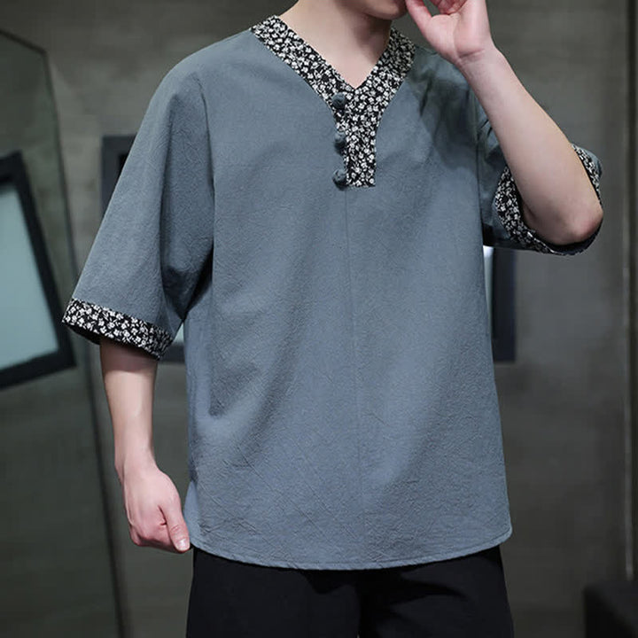 Buddha Stones Camicia da uomo estiva casual a maniche corte in cotone con colletto alla coreana e bottoni a rana. - image 13