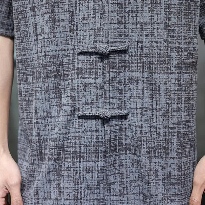 Buddha Stones Camicia da uomo estiva casual a maniche corte con colletto alla coreana e bottoni a rana, tinta unita. - image 9