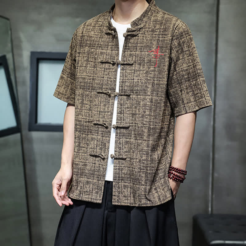 Buddha Stones Camicia da uomo estiva casual a maniche corte con colletto alla coreana e bottoni a rana, tinta unita. - image 15
