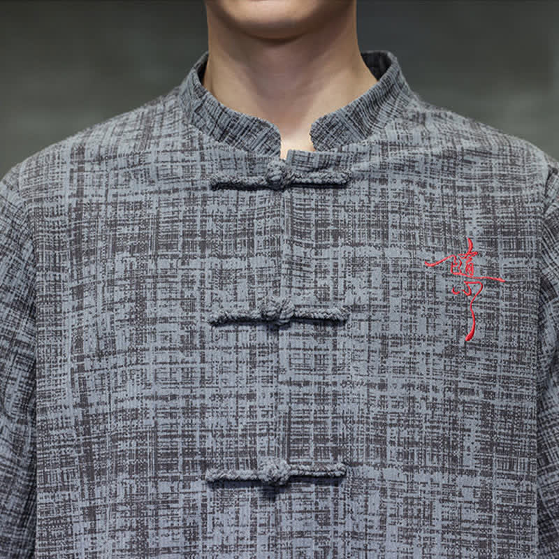 Buddha Stones Camicia da uomo estiva casual a maniche corte con colletto alla coreana e bottoni a rana, tinta unita. - image 7