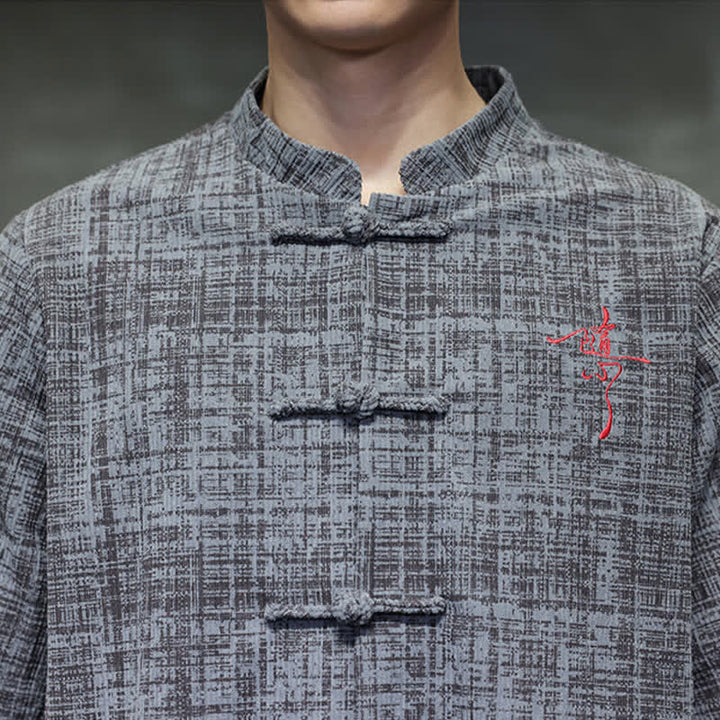Buddha Stones Camicia da uomo estiva casual a maniche corte con colletto alla coreana e bottoni a rana, tinta unita. - image 7