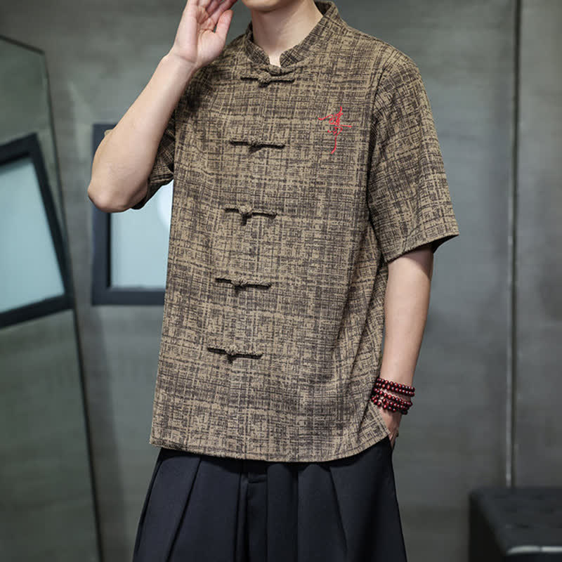 Buddha Stones Camicia da uomo estiva casual a maniche corte con colletto alla coreana e bottoni a rana, tinta unita. - image 14