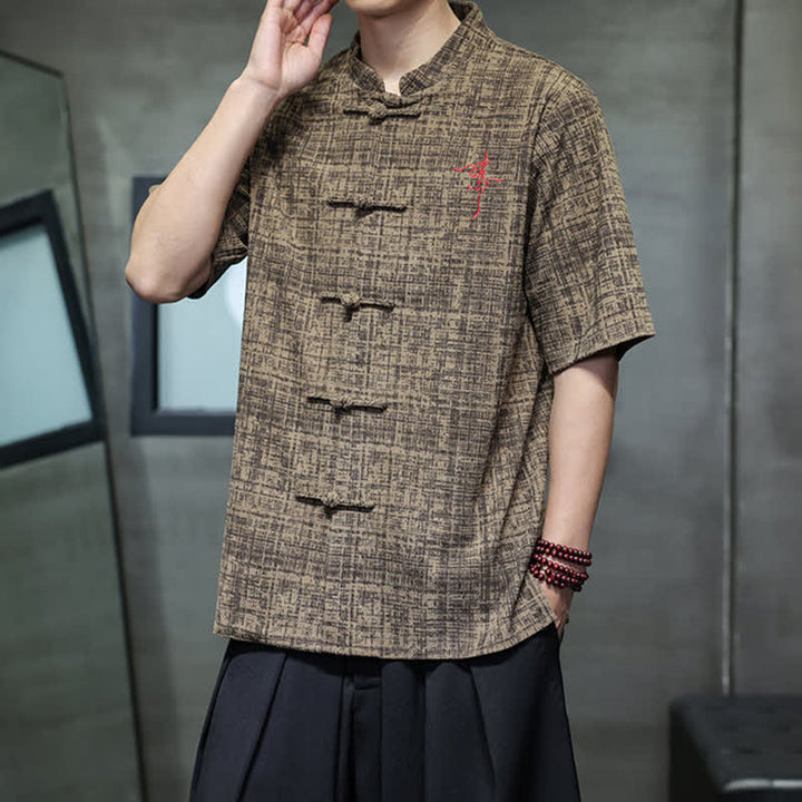 Buddha Stones Camicia da uomo estiva casual a maniche corte con colletto alla coreana e bottoni a rana, tinta unita. - image 14