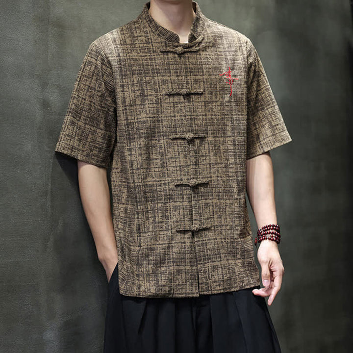 Buddha Stones Camicia da uomo estiva casual a maniche corte con colletto alla coreana e bottoni a rana, tinta unita. - image 13