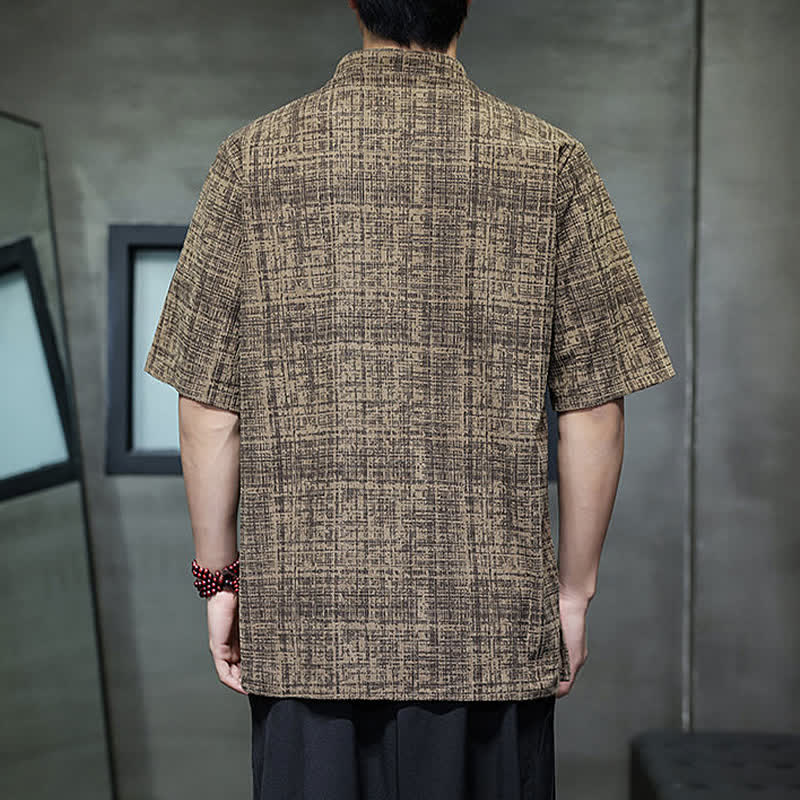 Buddha Stones Camicia da uomo estiva casual a maniche corte con colletto alla coreana e bottoni a rana, tinta unita. - image 12