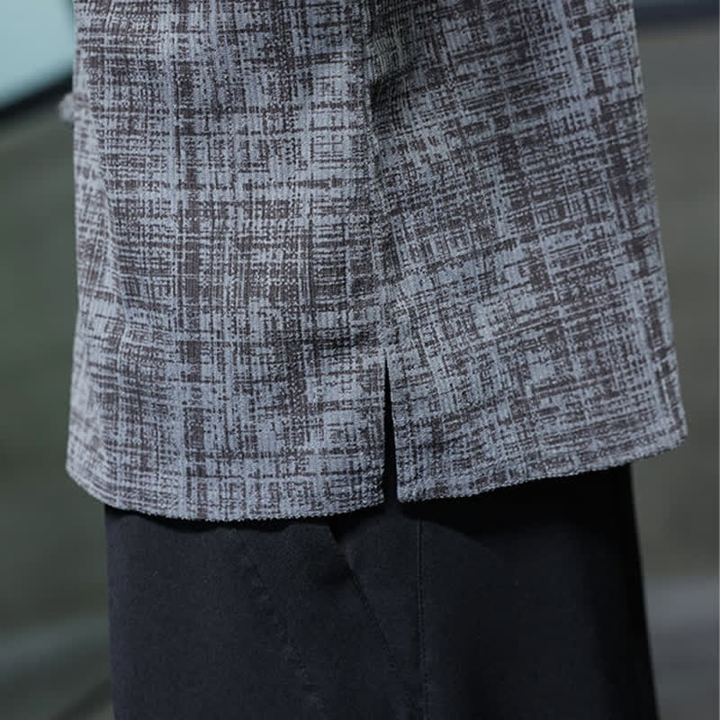 Buddha Stones Camicia da uomo estiva casual a maniche corte con colletto alla coreana e bottoni a rana, tinta unita. - image 10