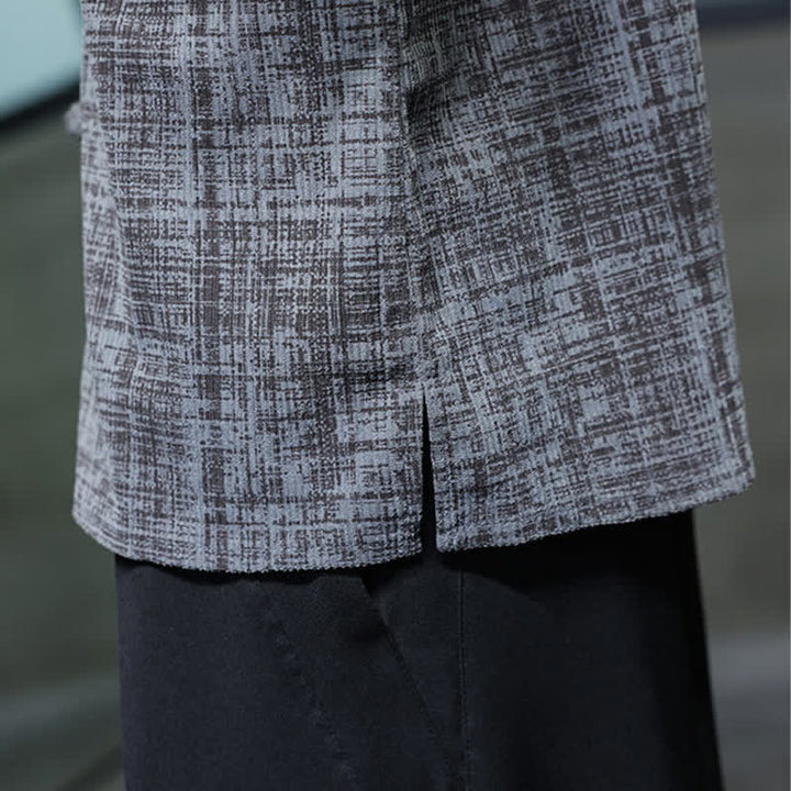Buddha Stones Camicia da uomo estiva casual a maniche corte con colletto alla coreana e bottoni a rana, tinta unita. - image 10