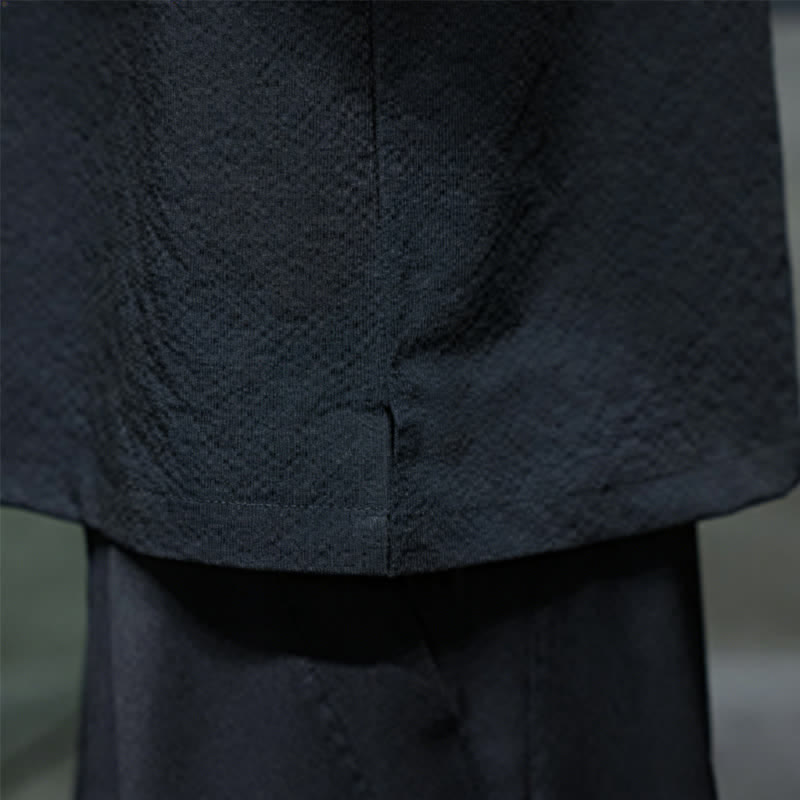 Buddha Stones Camicia da uomo estiva casual a maniche corte con ricami, tinta unita. - image 13