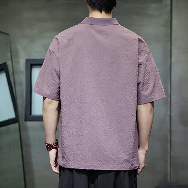 Buddha Stones Camicia da uomo estiva casual a maniche corte con ricami, tinta unita. - image 1