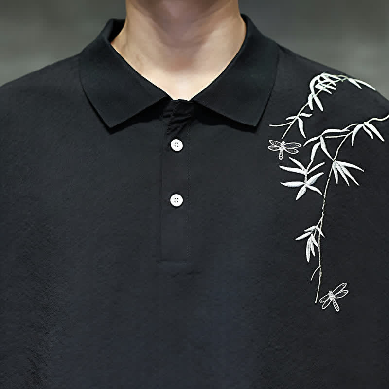Buddha Stones Camicia da uomo estiva casual a maniche corte con ricami, tinta unita. - image 11