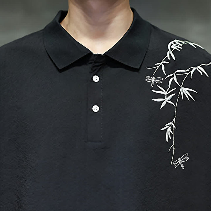 Buddha Stones Camicia da uomo estiva casual a maniche corte con ricami, tinta unita. - image 11