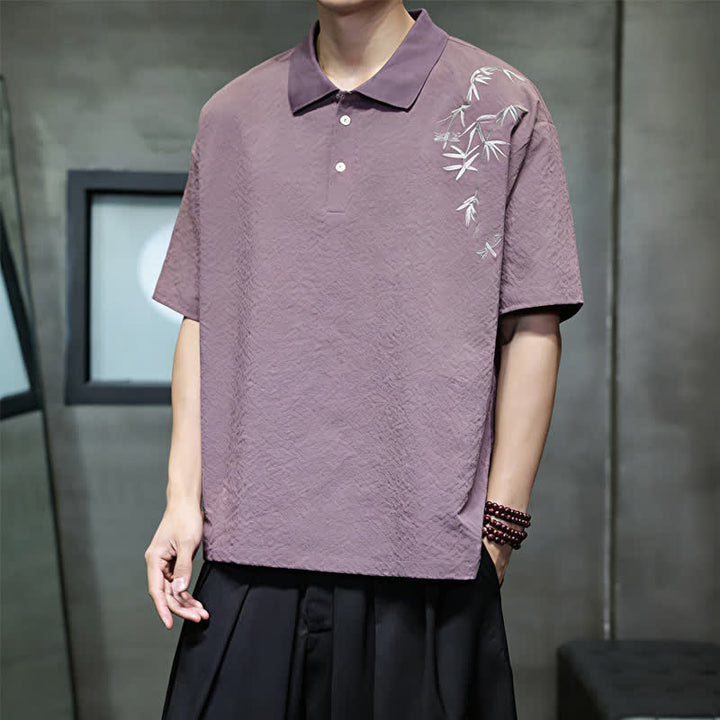 Buddha Stones Camicia da uomo estiva casual a maniche corte con ricami, tinta unita. - image 5