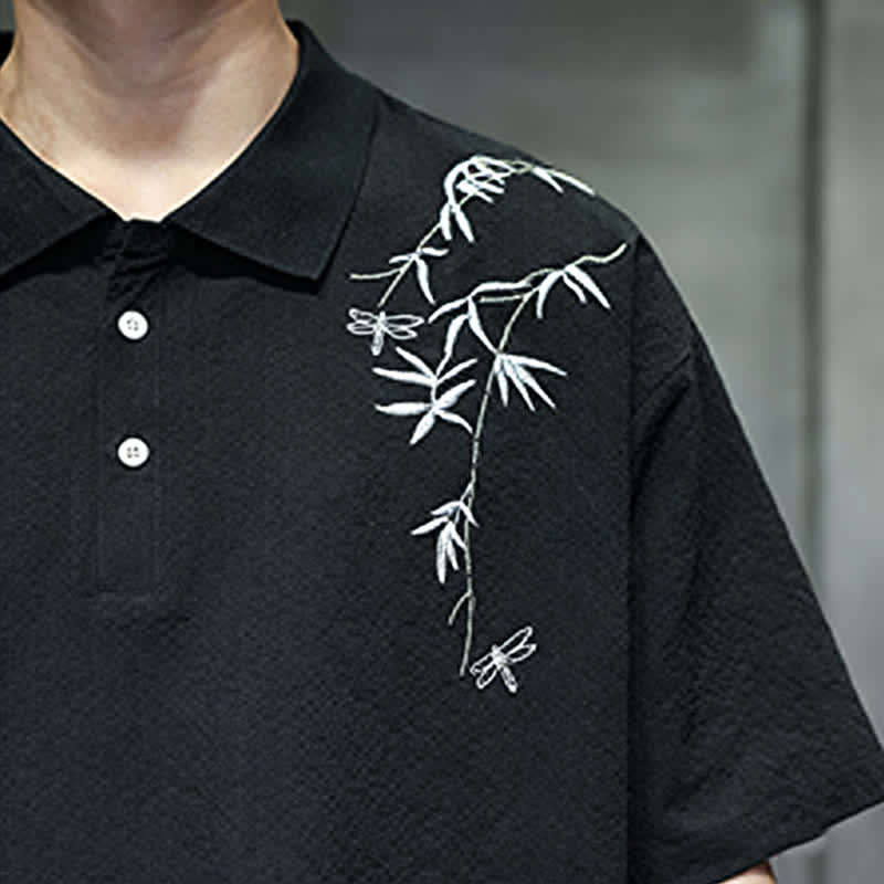 Buddha Stones Camicia da uomo estiva casual a maniche corte con ricami, tinta unita. - image 12