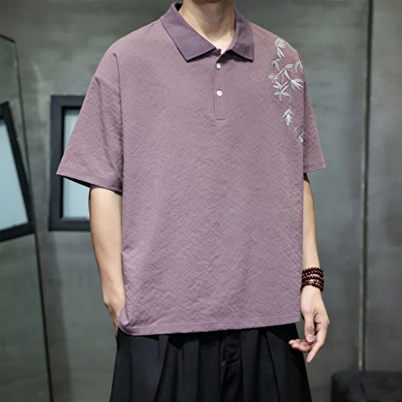 Buddha Stones Camicia da uomo estiva casual a maniche corte con ricami, tinta unita. - image 4