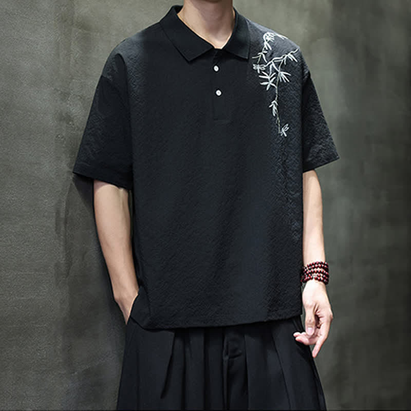 Buddha Stones Camicia da uomo estiva casual a maniche corte con ricami, tinta unita. - image 10