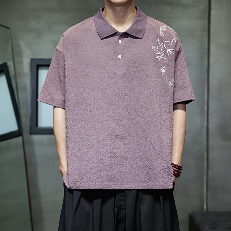 Buddha Stones Camicia da uomo estiva casual a maniche corte con ricami, tinta unita. - image 2