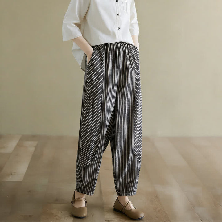 Buddha Stones Pantaloni da donna estivi casual a righe in lino e cotone, modello affusolato con tasche. - Nero - US8-10, UK/AU12-14, EU40-42 (2XL) - image 0