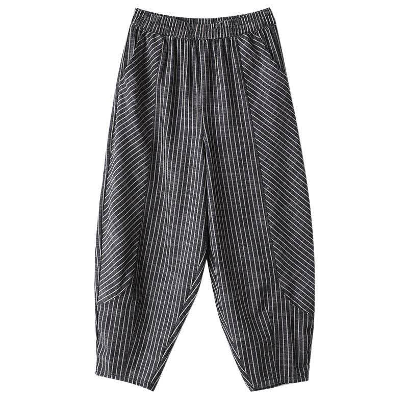 Buddha Stones Pantaloni da donna estivi casual a righe in lino e cotone, modello affusolato con tasche. - image 9