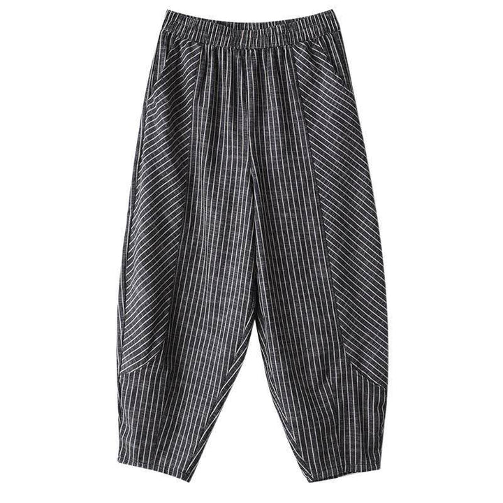 Buddha Stones Pantaloni da donna estivi casual a righe in lino e cotone, modello affusolato con tasche. - image 9