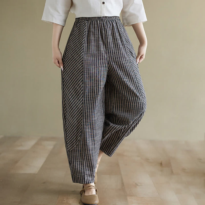 Buddha Stones Pantaloni da donna estivi casual a righe in lino e cotone, modello affusolato con tasche. - image 3