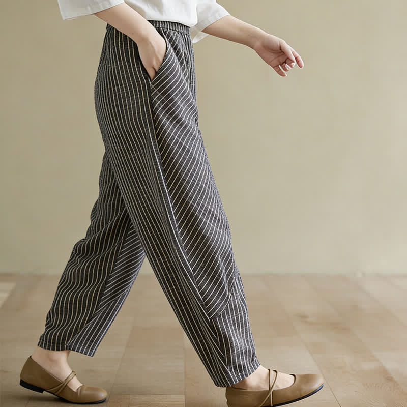 Buddha Stones Pantaloni da donna estivi casual a righe in lino e cotone, modello affusolato con tasche. - image 1