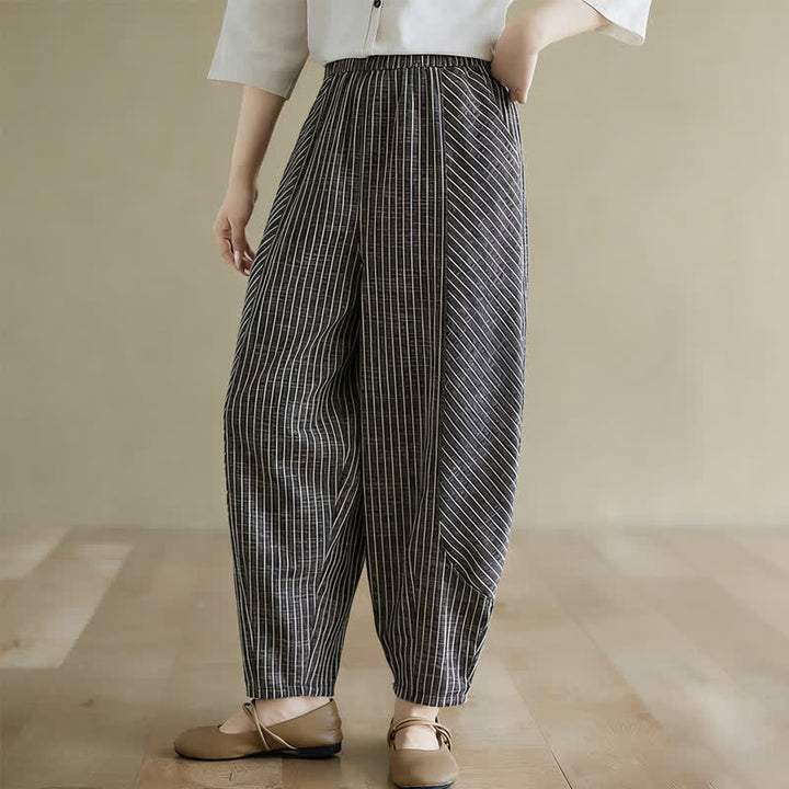 Buddha Stones Pantaloni da donna estivi casual a righe in lino e cotone, modello affusolato con tasche. - image 4