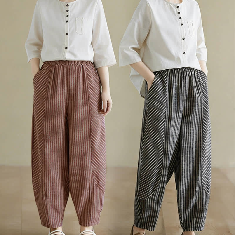 Buddha Stones Pantaloni da donna estivi casual a righe in lino e cotone, modello affusolato con tasche. - image 17