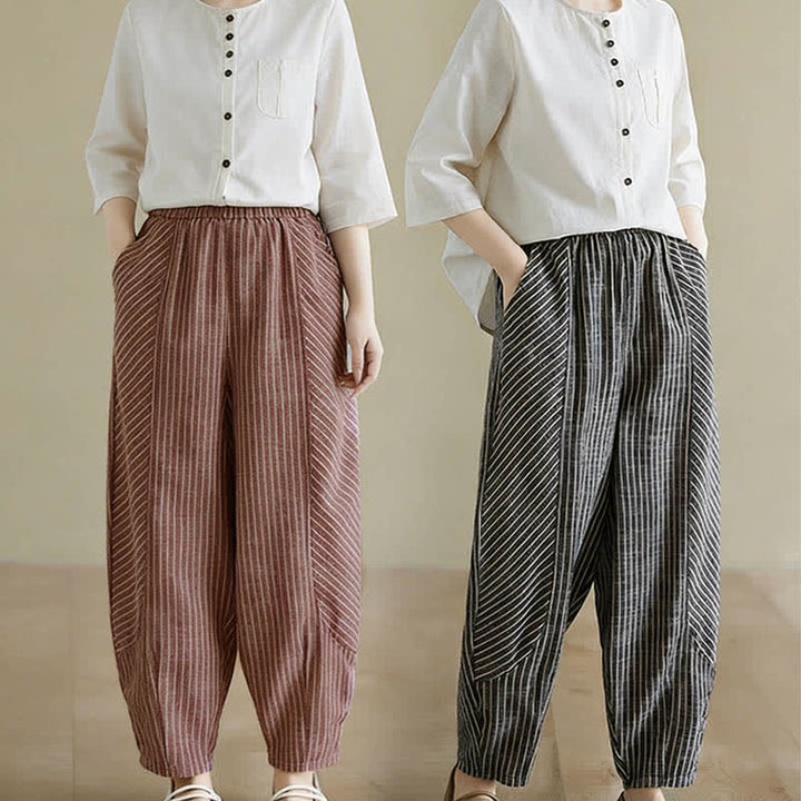 Buddha Stones Pantaloni da donna estivi casual a righe in lino e cotone, modello affusolato con tasche. - image 17