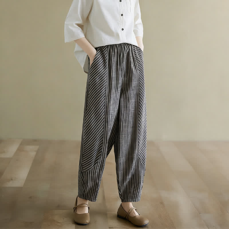 Buddha Stones Pantaloni da donna estivi casual a righe in lino e cotone, modello affusolato con tasche. - Nero - US8-10, UK/AU12-14, EU40-42 (2XL) - image 0
