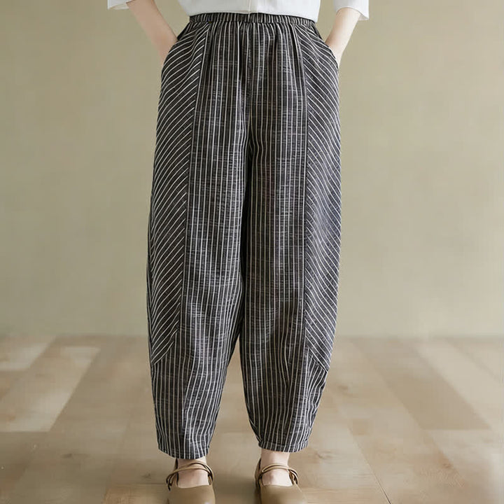 Buddha Stones Pantaloni da donna estivi casual a righe in lino e cotone, modello affusolato con tasche. - image 2