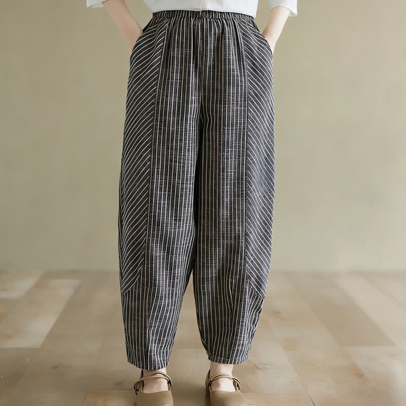 Buddha Stones Pantaloni da donna estivi casual a righe in lino e cotone, modello affusolato con tasche. - image 2