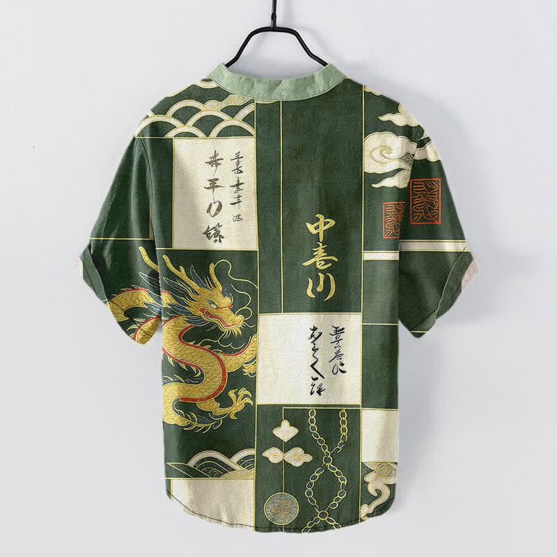 Buddha Stones Camicia da uomo a maniche corte con mezzo bottone, in cotone, con emblema Drago Dorato, Nuvola e Onda. - image 1